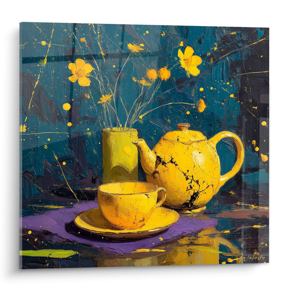 Golden teapot wall art with cup and yellow flowers on expressionist blue background - Golden harmony - Japanese teapot edition