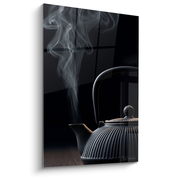 Black Cast Iron Teapot Painting with Elegant Vapor on Dark Background - Vaporous Serenity - Japanese Teapot Edition