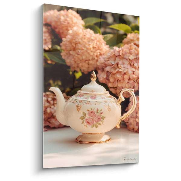 Schilderij van theeservies in roze goudkleurige porselein met roze hortensia's - Verfijnde Japanse Kunst - Theepot Editie