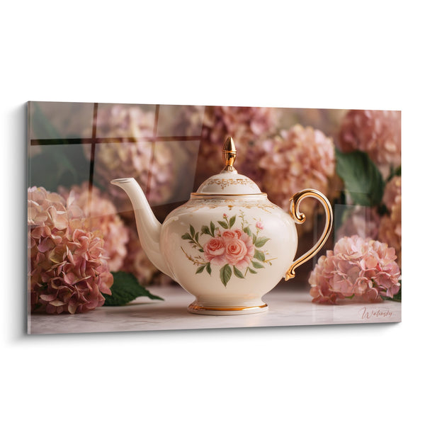 Cuadro de tetera japonesa blanca adornada con rosas sobre fondo de hortensias - Arte de vivir nipón - Edición tetera japonesa