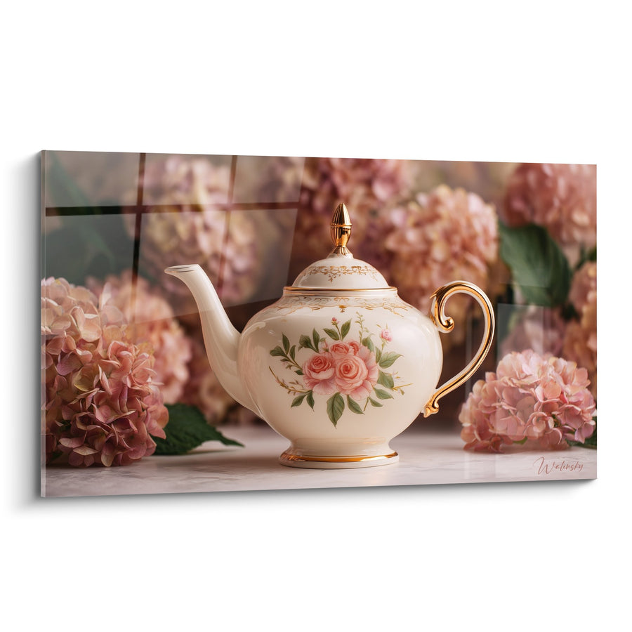 Schilderij Japanse theepot versierd met rozen op een achtergrond van hortensia's - Japanse levenskunst - Theepotten editie