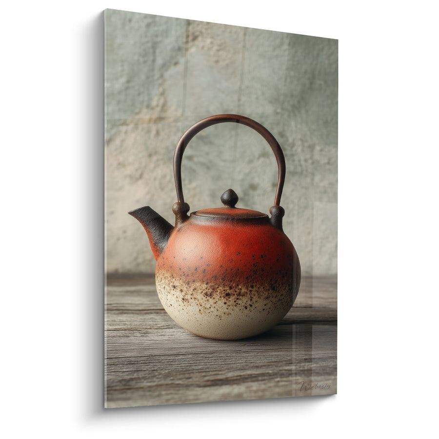 Theebeeld in terracotta met rood-wit verloop op ruw hout - Japanse sereniteit - Theebeeld editie