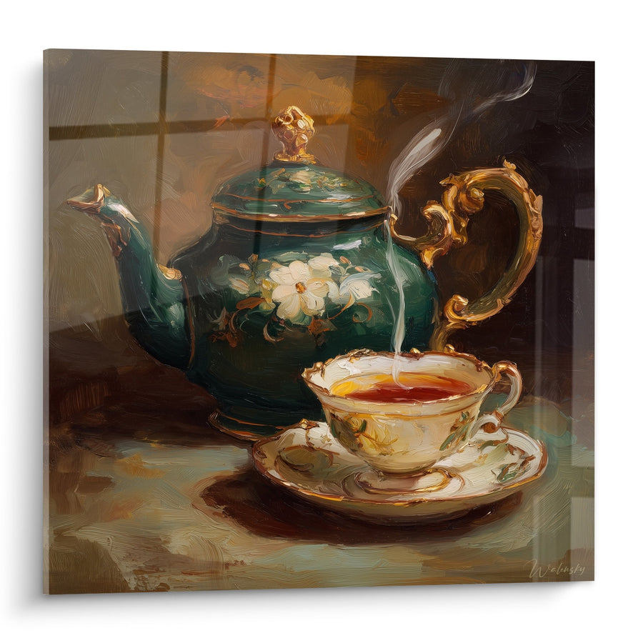 Tableau service à thé vert émeraude aux fleurs blanches avec tasse fumante - Cérémonie du thé - Edition théière japonaise