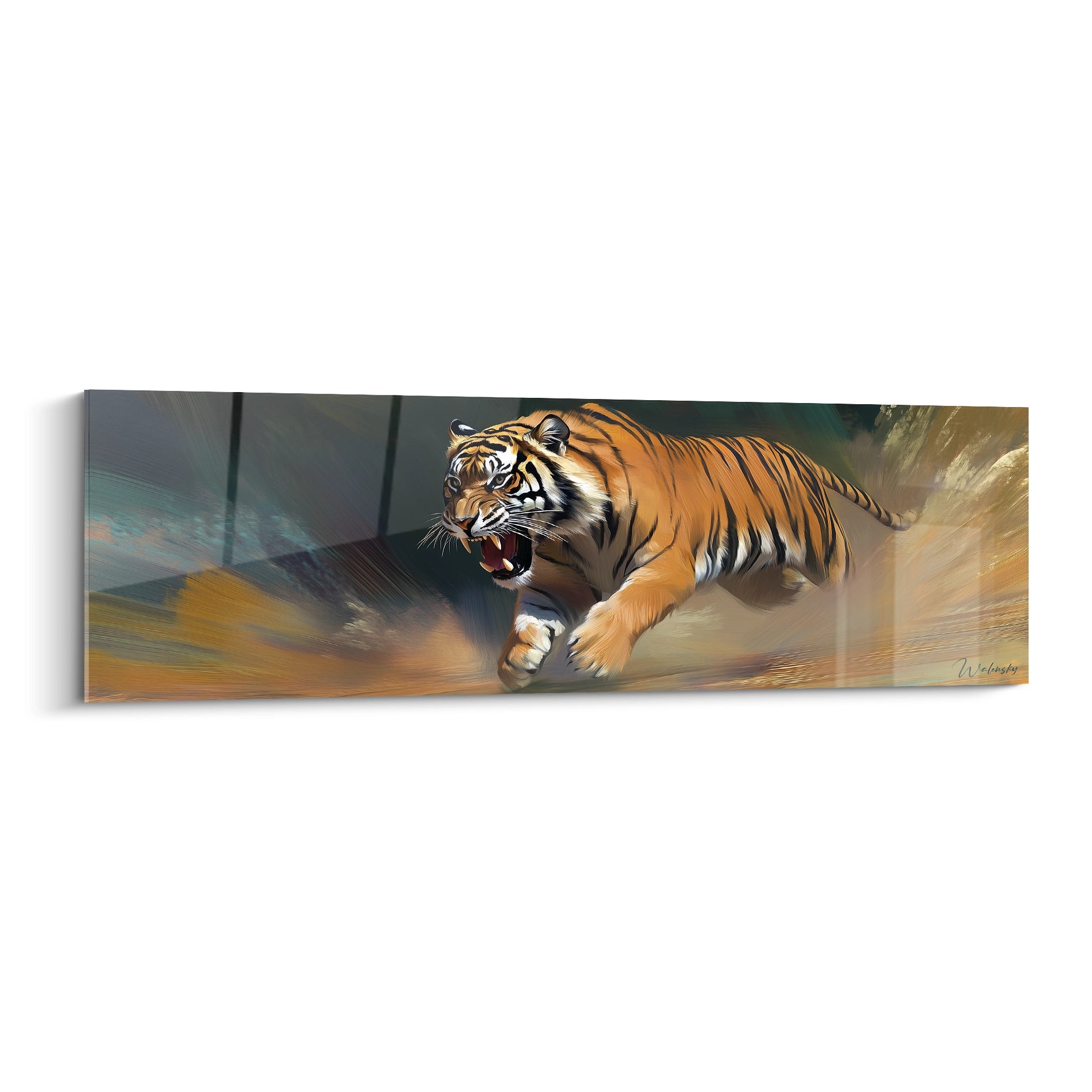 Tableau tigre Walensky représentant un tigre rugissant en pleine course sur fond coloré artistique