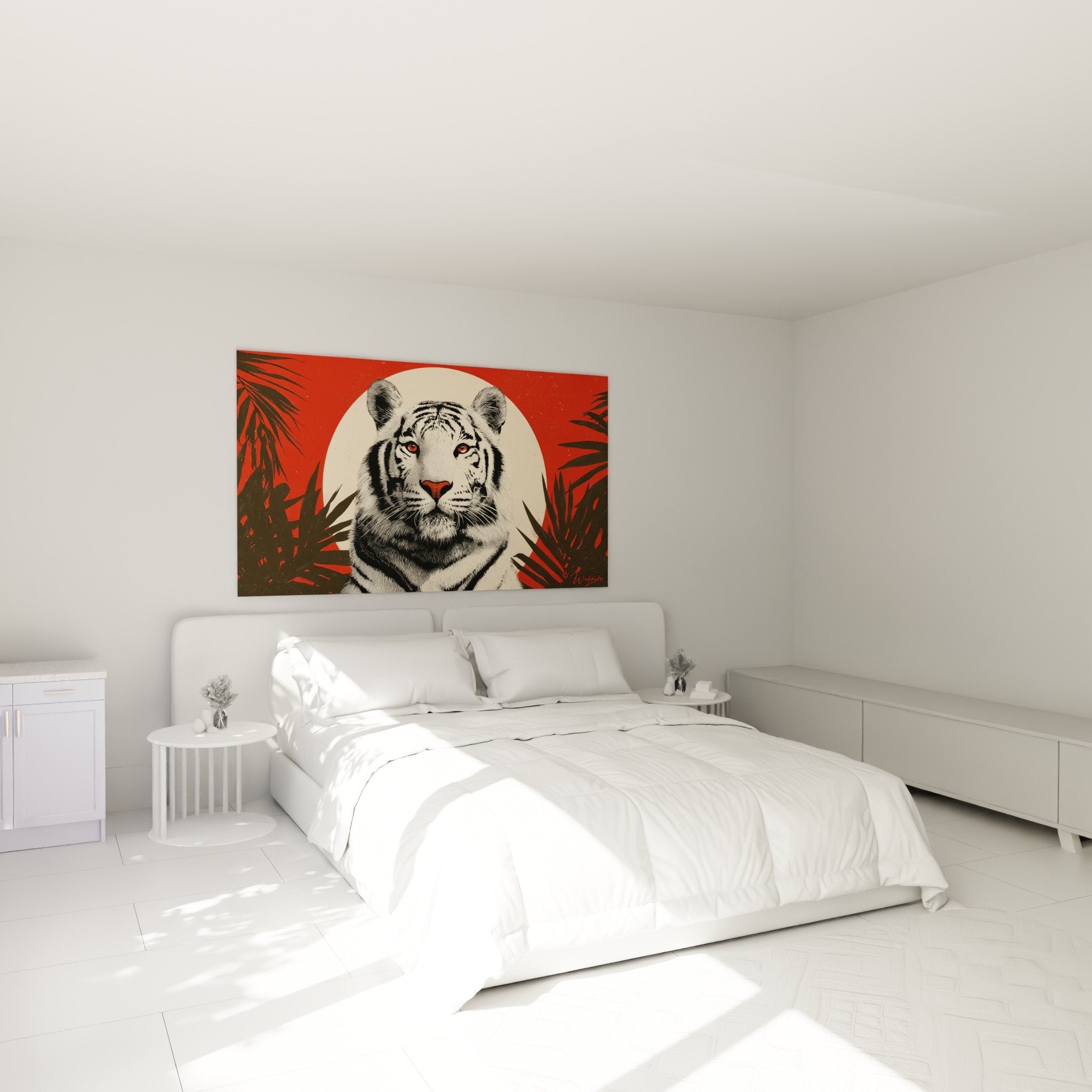 Weißer Tiger Gemälde mit durchdringenden Augen Schlafzimmer Atmosphäre moderne Wanddekoration rot tropisch
