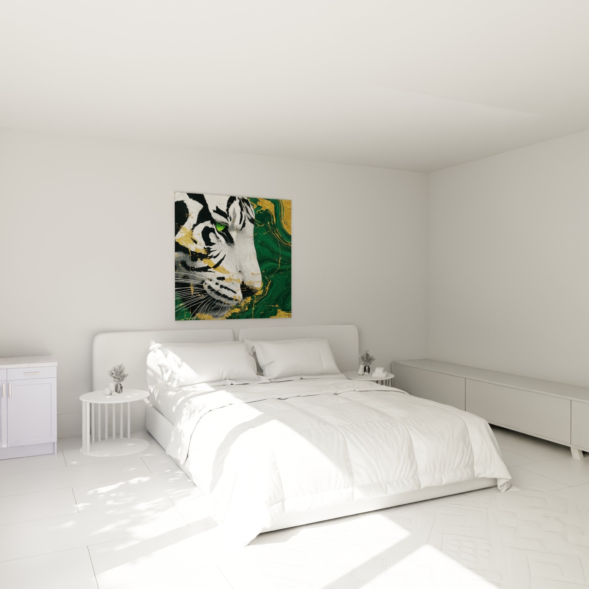 Tableau tigre blanc yeux verts emeraude dans chambre moderne decoration murale elegante