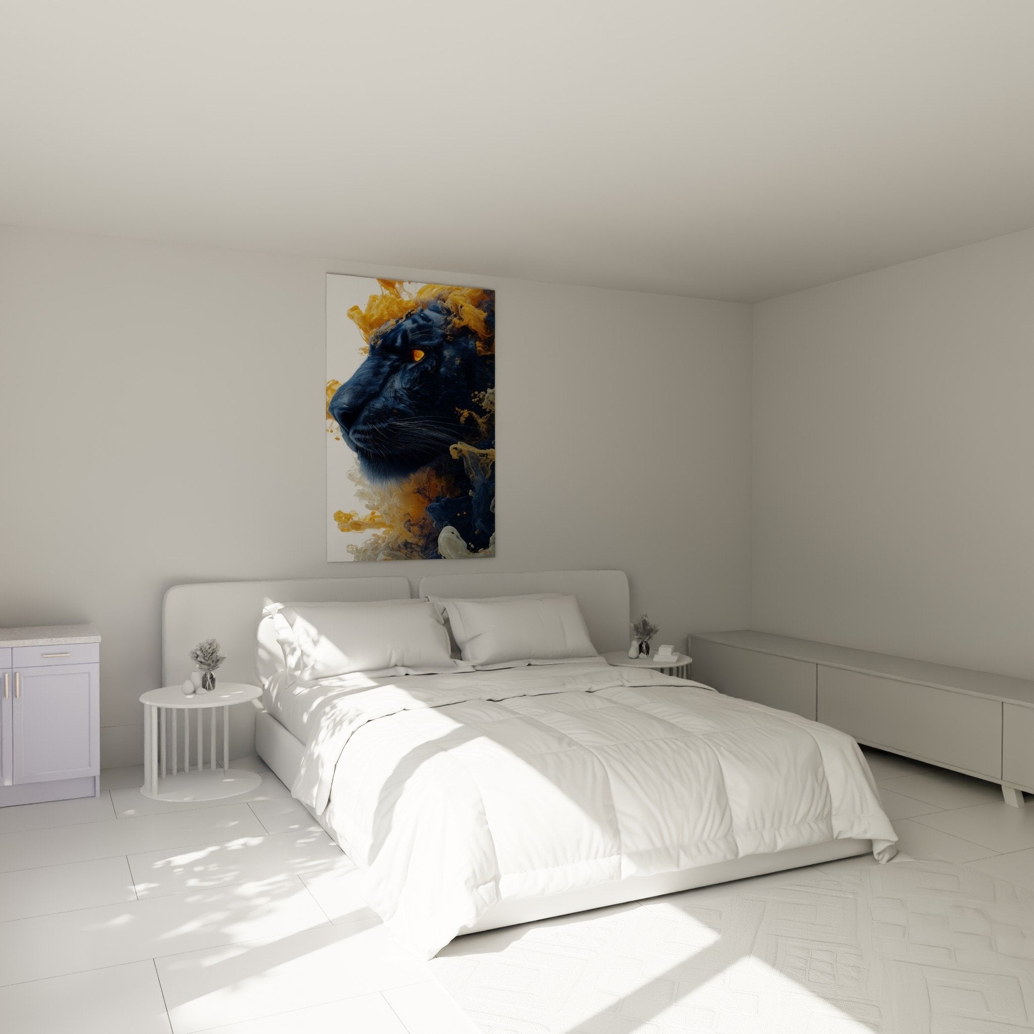 Blauweißes Tiger-Wandbild mit Goldakzenten hängend über einem Bett in einem zeitgenössischen Schlafzimmer mit neutralen Tönen
