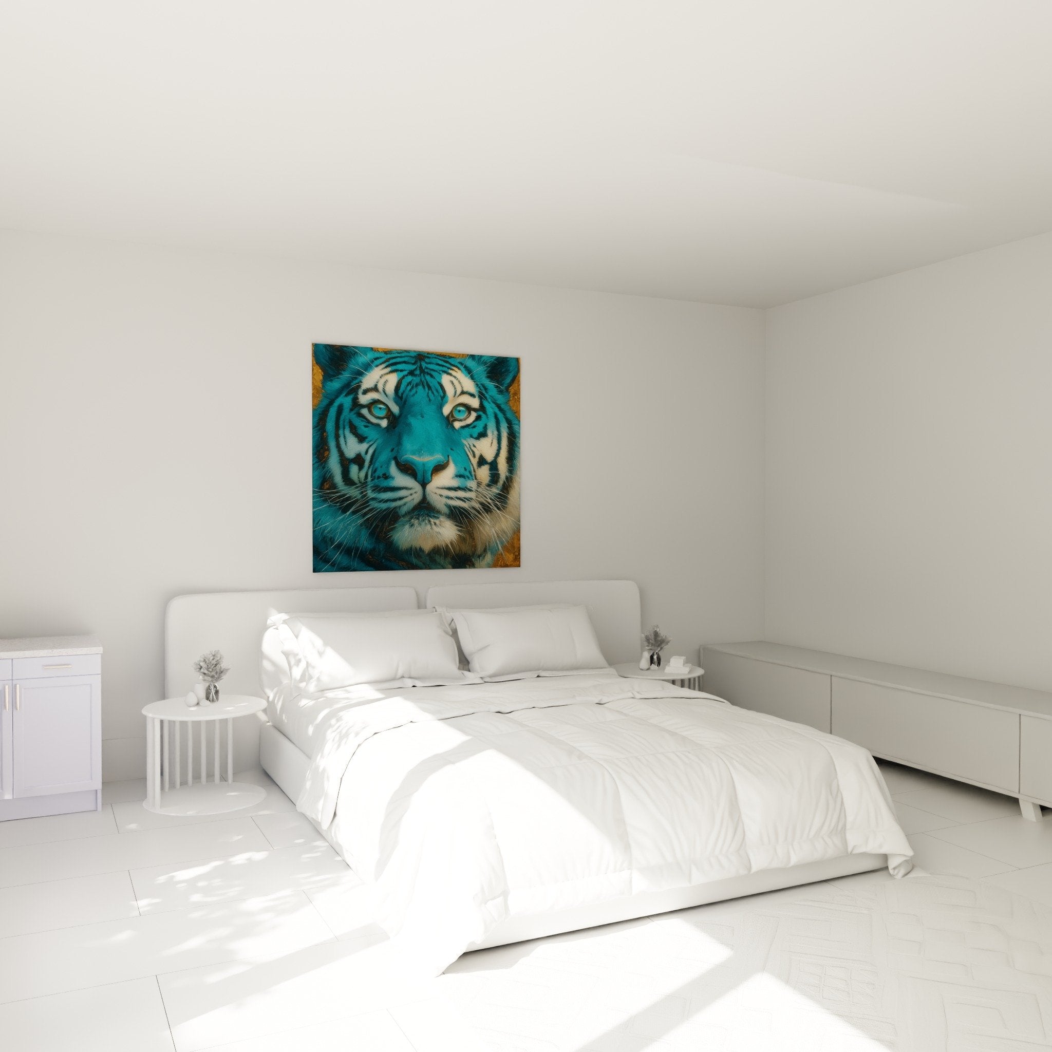Blaugrüner Tiger-Kunstdruck im modernen Schlafzimmer an weißer Wand, Wanddekoration, Felinen-Porträt mit Smaragdaugen