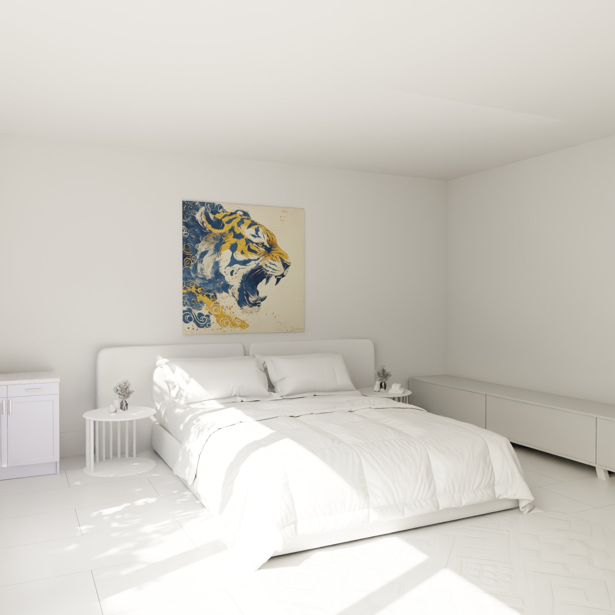 Roaring blue and gold tiger decorating a modern bedroom with neutral tones