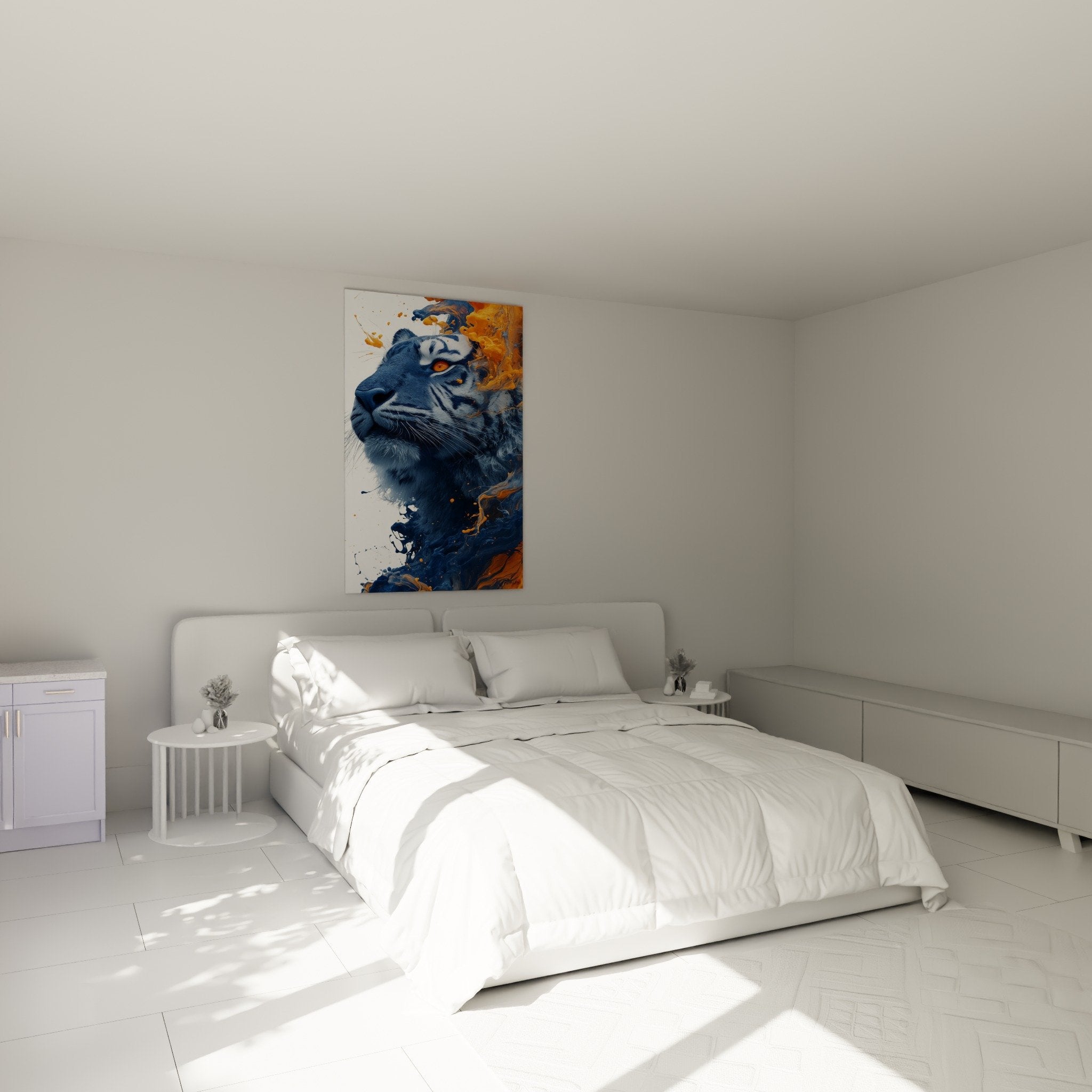 Tableau tigre bleu flammes orange accroché au mur chambre moderne decoration murale