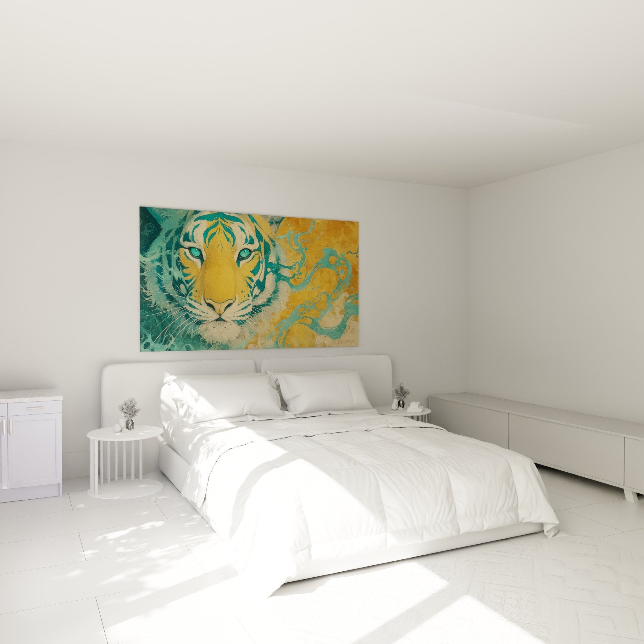 Tableau tigre doré turquoise au-dessus lit chambre moderne décoration murale élégante ambiance sophistiquée