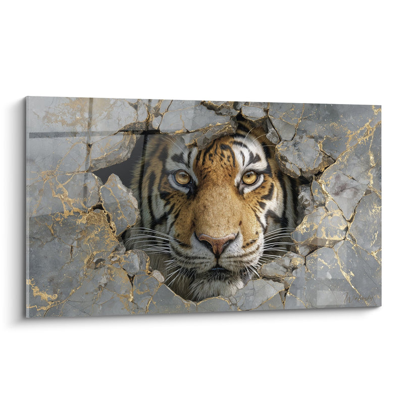 Tableau Tigre émergeant d'un mur de marbre doré fissuré - Regard perçant - Edition Tigre