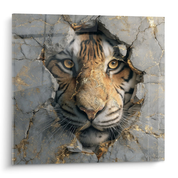 Tijger Schilderij Opkomend uit Gouden Barsten Muur - Wilde Kracht - Tijger Editie