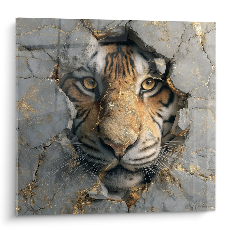Tiger-Gemälde Aus der goldenen Rissigen Wand Entstehend - Wilde Kraft - Tiger Edition