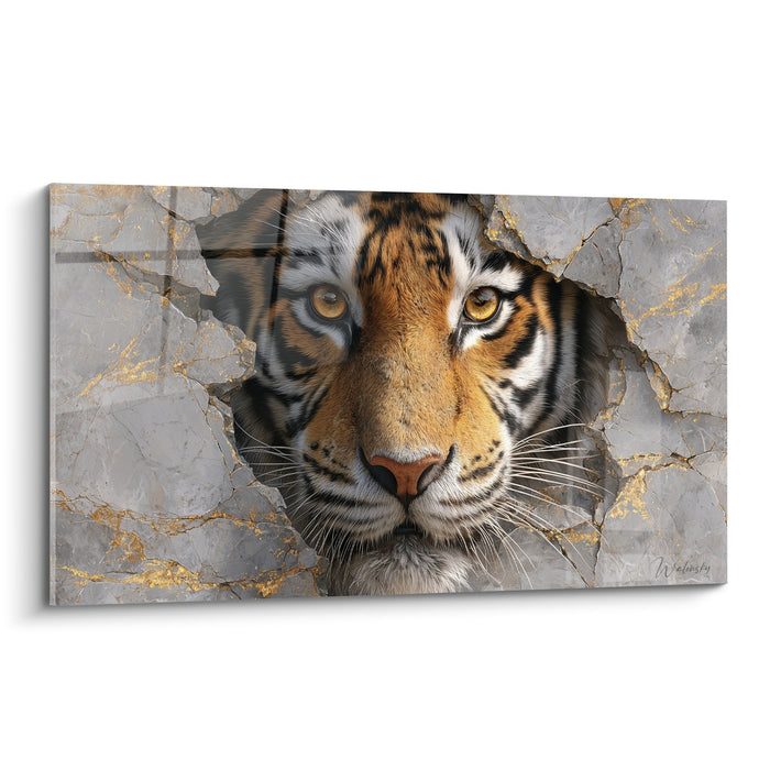 Tableau tigre surgissant mur marbre gris veines dorées regard ambré hyperrealiste decoration murale
