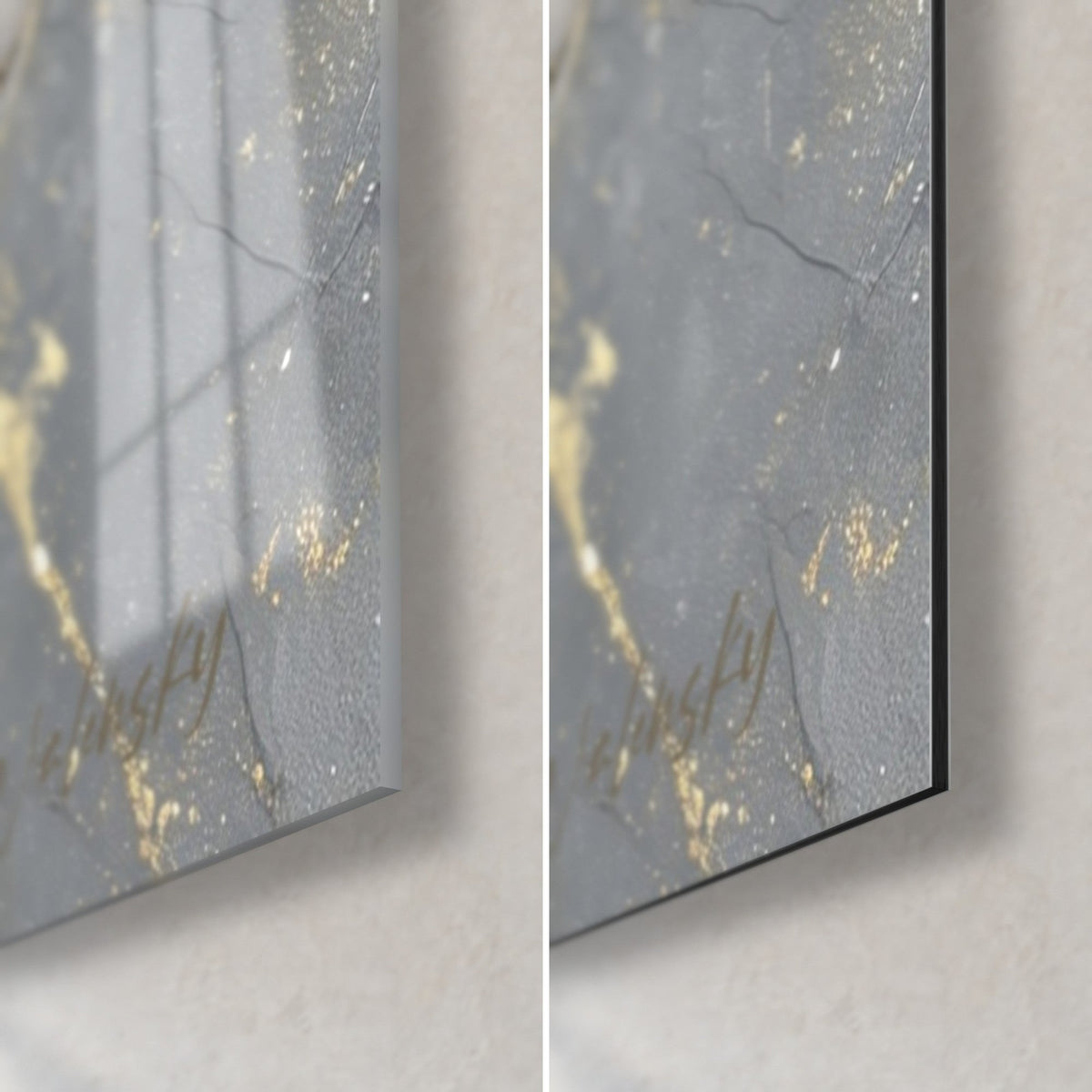 Gemälde Tiger mit orangefarbenem Fell, untere rechte Ecke: glänzendes Acrylglas mit Reflexen links, mattschwarzes Dibond und Kante rechts