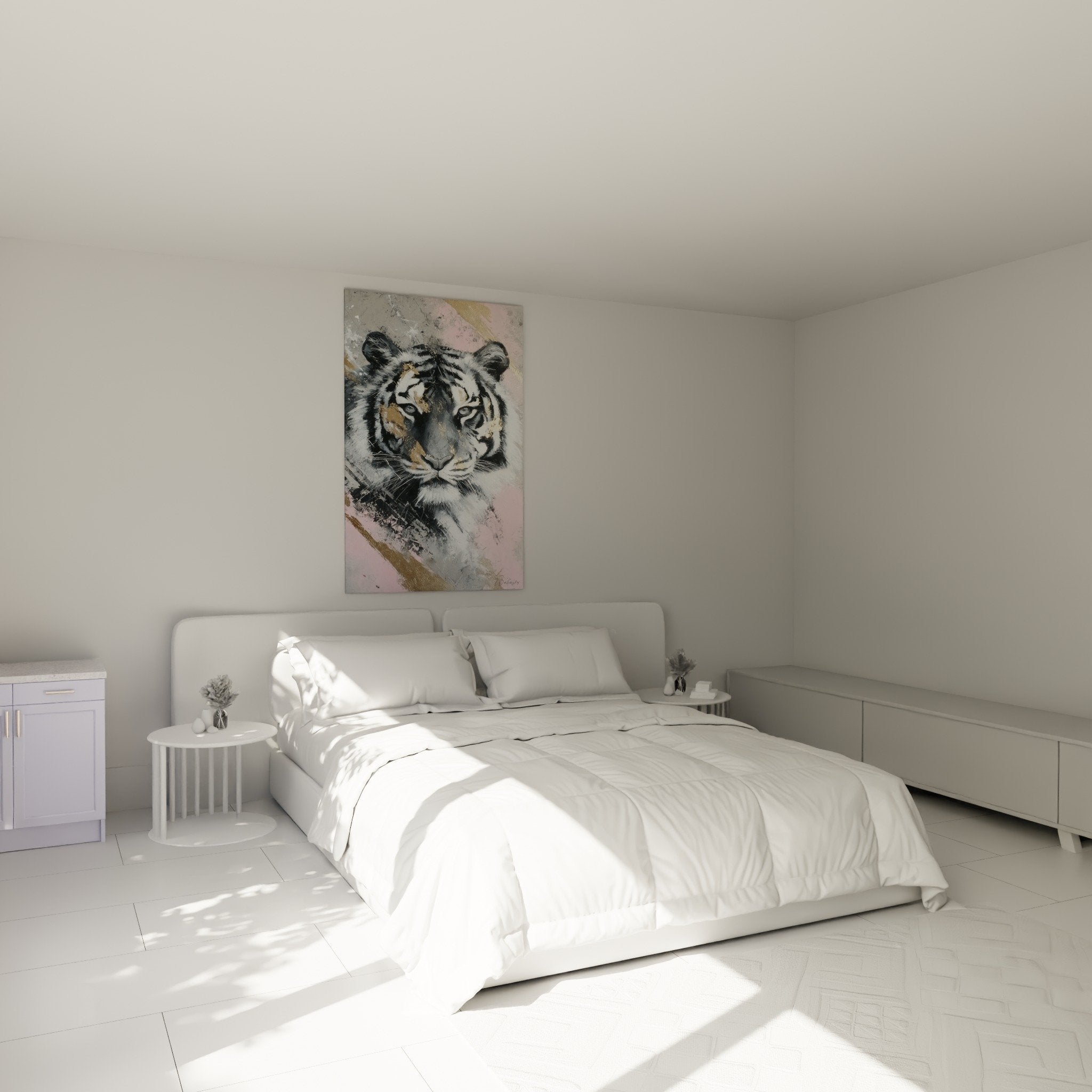 Rosa und goldenes Tiger-Gemälde in modernem Schlafzimmer mit skandinavischer Dekoration und neutralen Tönen