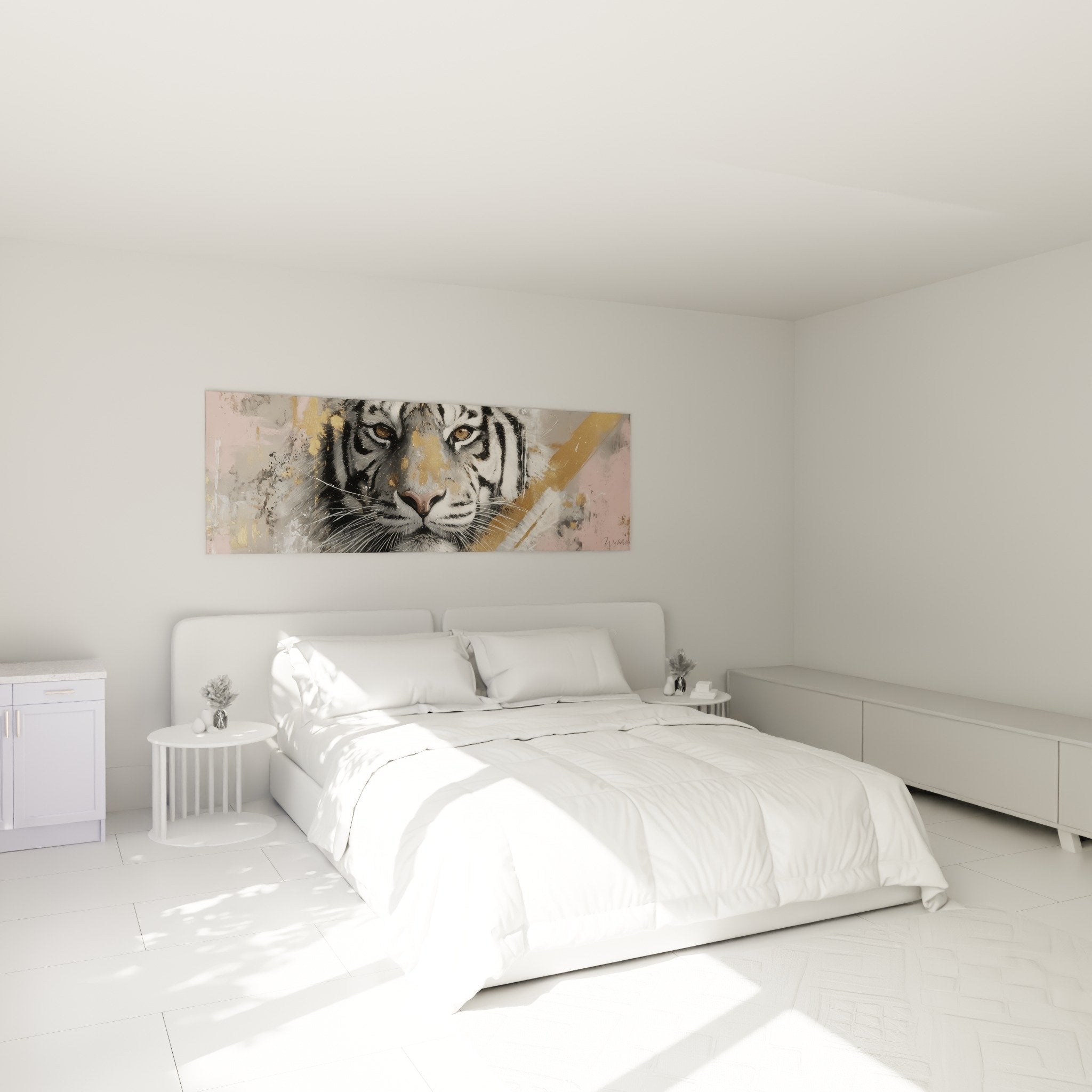 Tableau tigre rose et doré installé dans chambre moderne au-dessus du lit