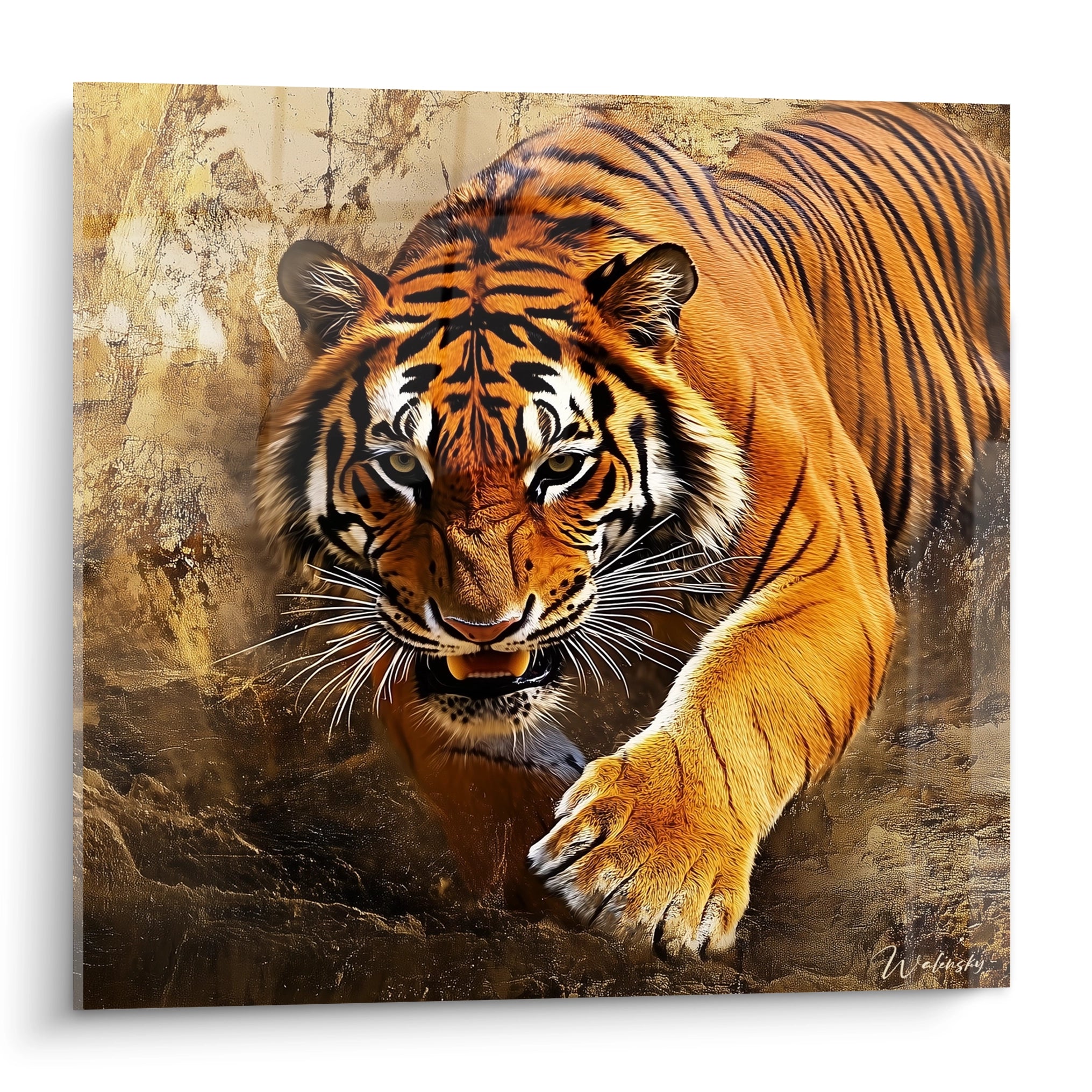 Tableau tigre Walensky représentant un tigre orange en mouvement sur un fond texturé marron