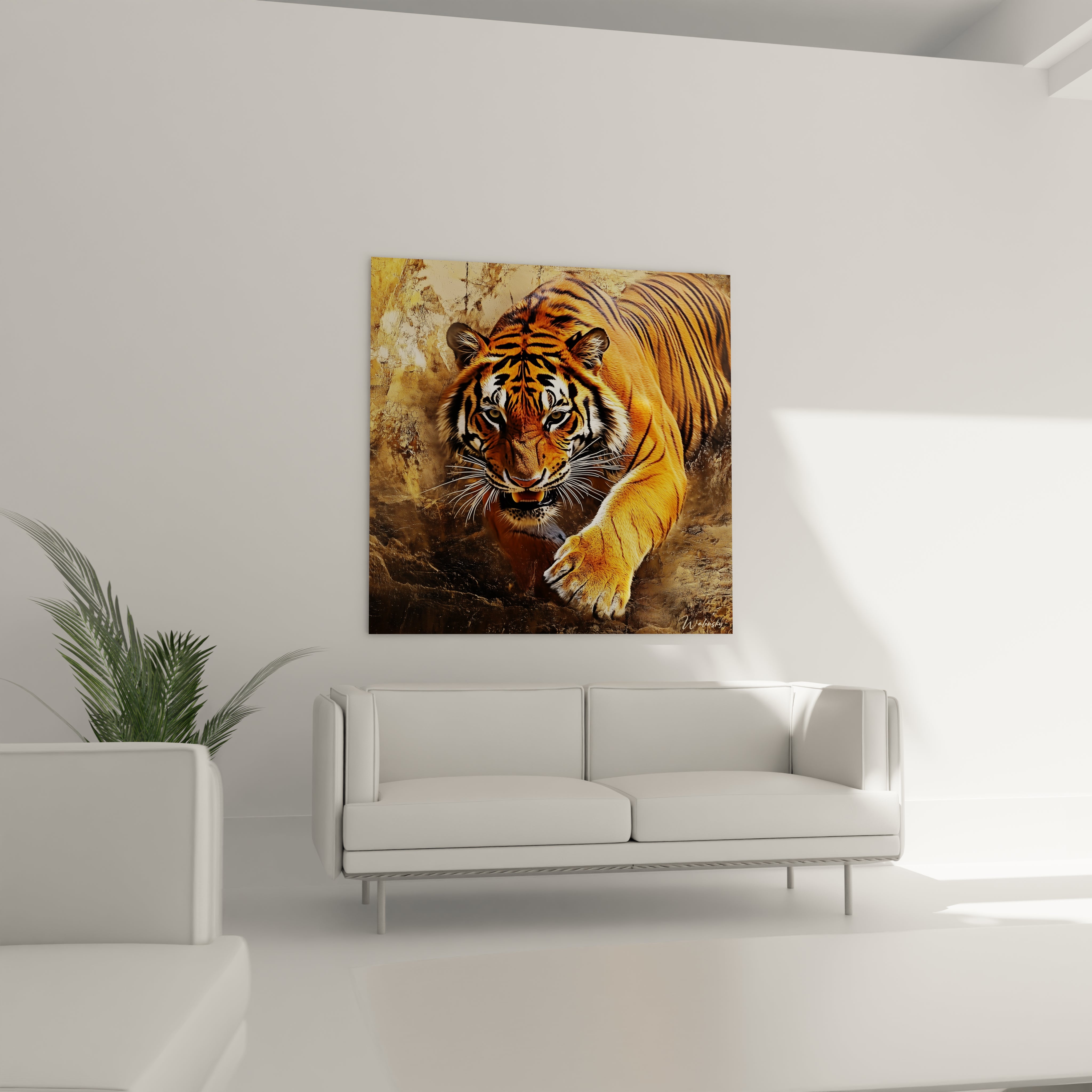 Tableau tigre artistique Walensky accroché au-dessus d'un canapé blanc dans un salon lumineux et moderne