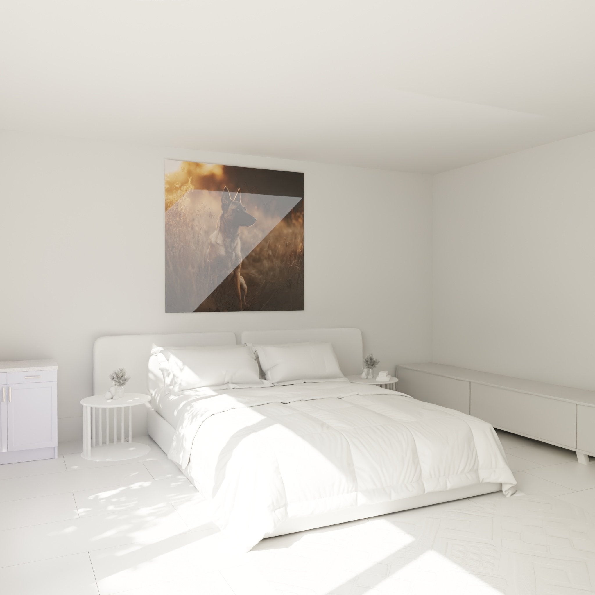 Belgian Malinois dog painting sunset golden tones bedroom wall art warm cozy ambiance decor