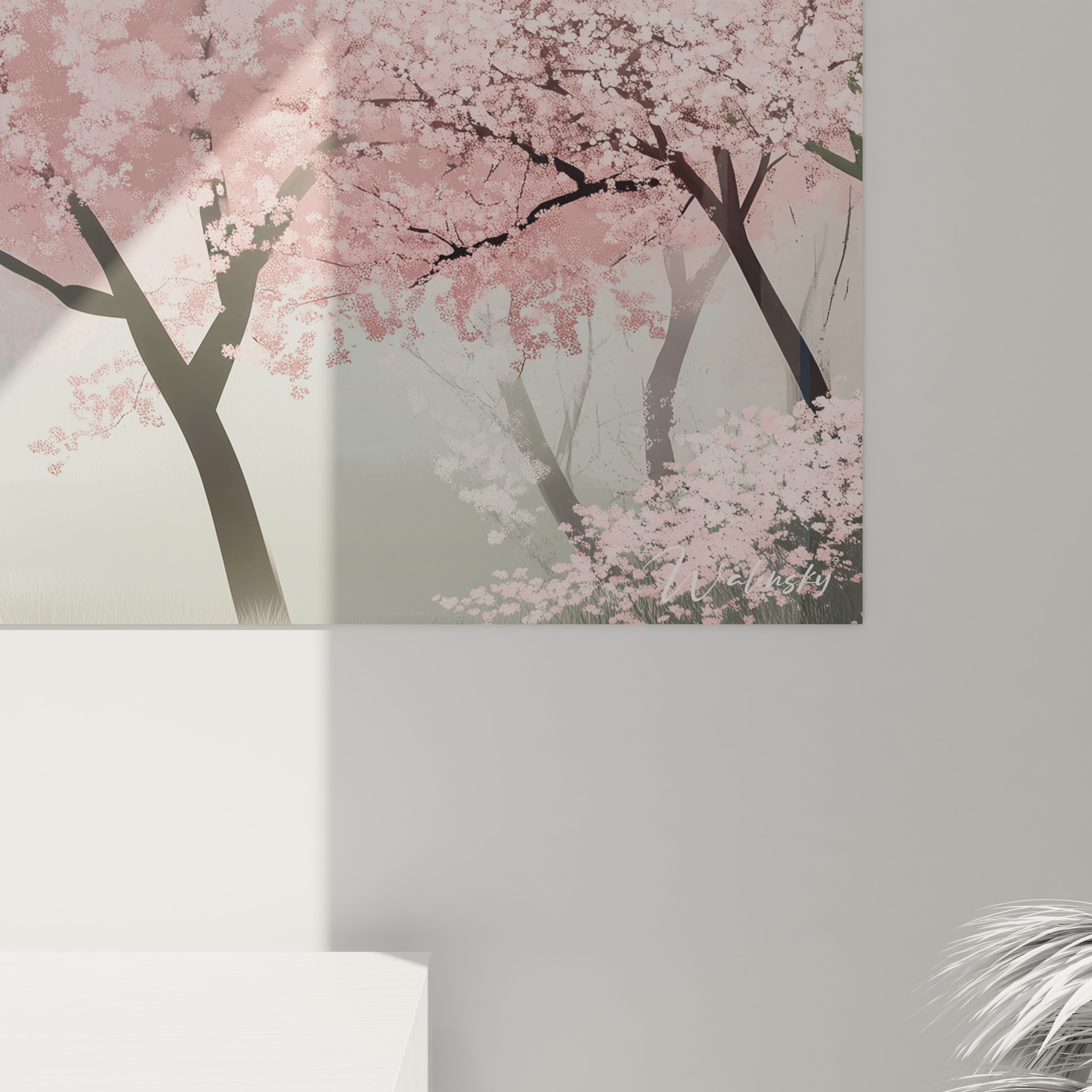 Tableau forêt Walensky avec arbres en fleurs rose pastel pour décoration murale