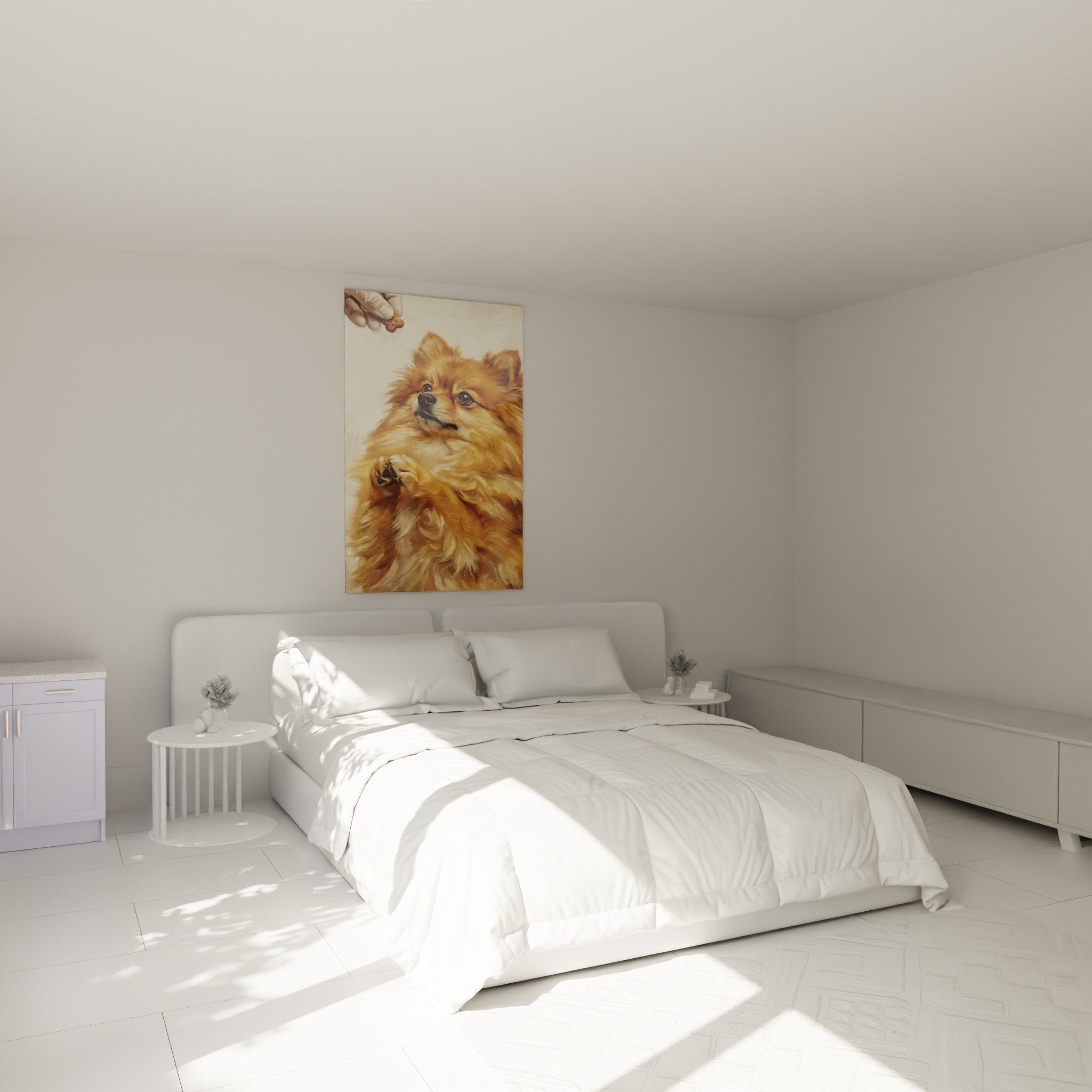 Toile Spitz Poméranien tons dorés dans chambre cosy, décoration murale chaleureuse chien roux