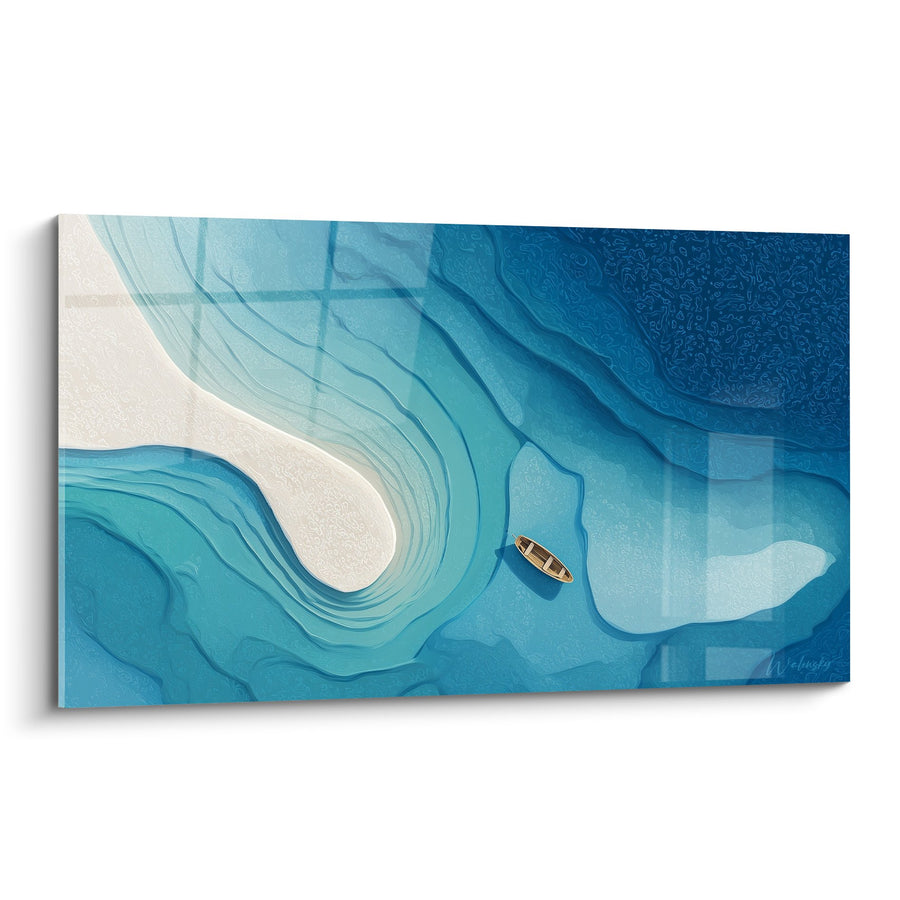 Tableau Topographie Océanique Bleue et Turquoise avec Embarcation - Profondeurs Marines - Edition Feng shui Nord Eau