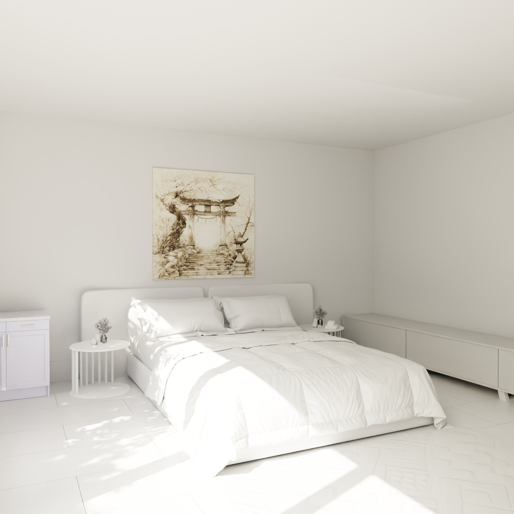 Beige and pink watercolor torii gate wall art in modern bedroom with zen decor and natural wood furniture