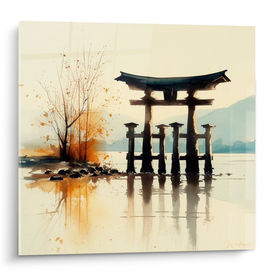 Tableau torii aquarelle reflets dorés sur lac paisible - Sérénité japonaise - Edition torii