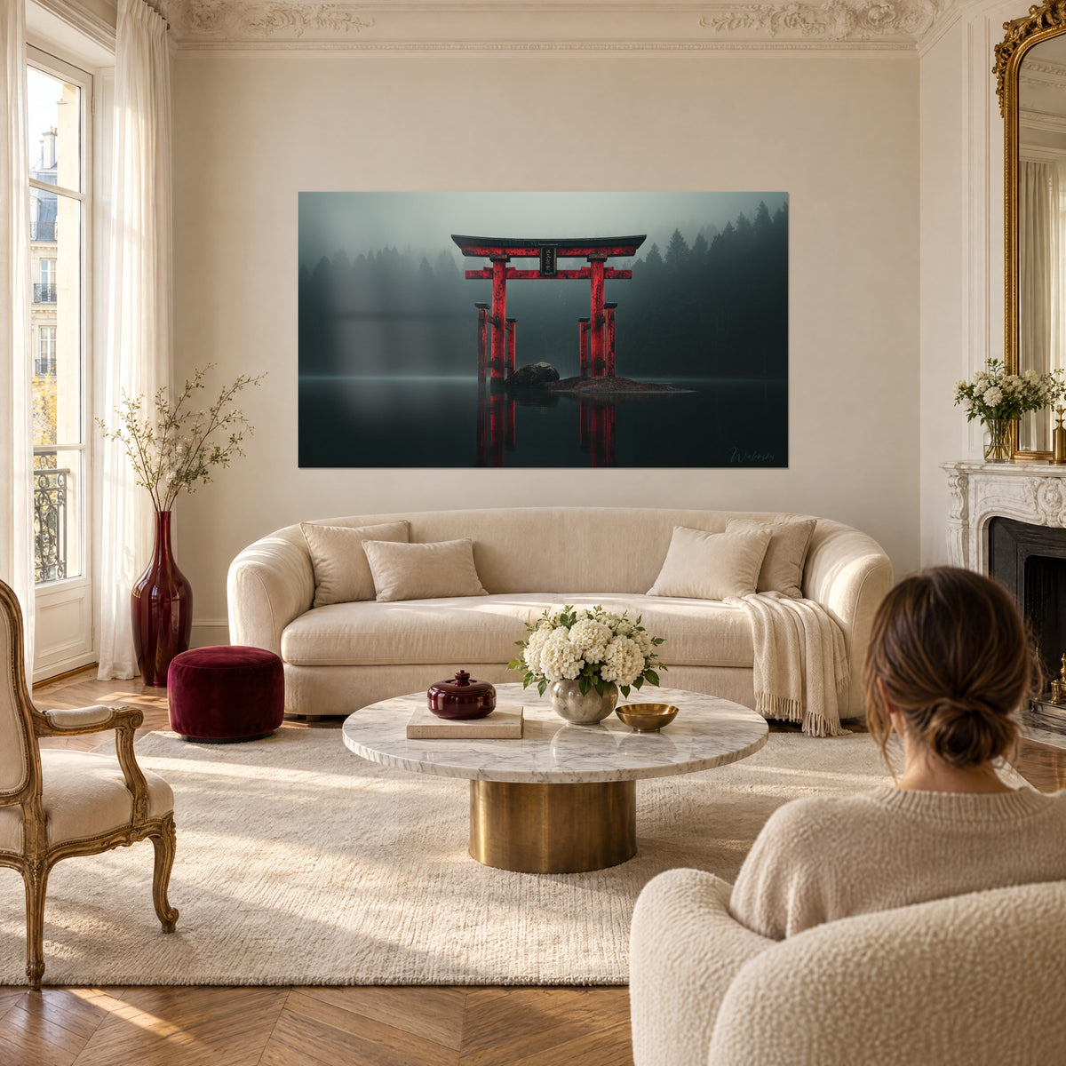 Tableau portique torii vermillon dans la brume grise au-dessus d'un canapé dans un salon lumineux