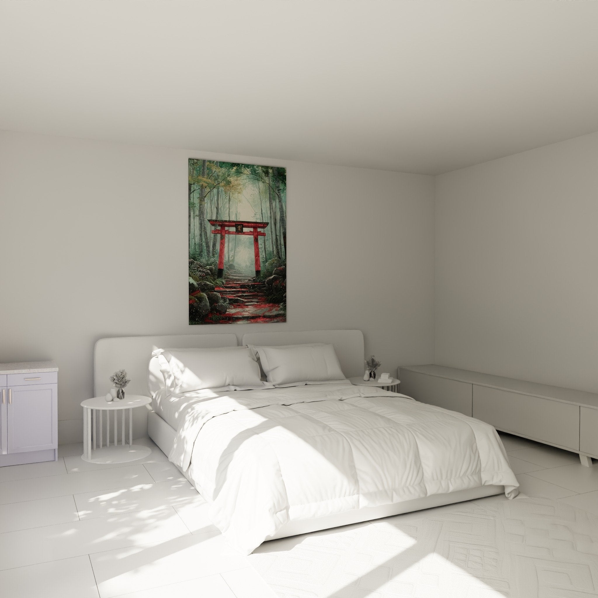 Red forest torii gate in zen bedroom with minimalist Japanese décor and natural tones