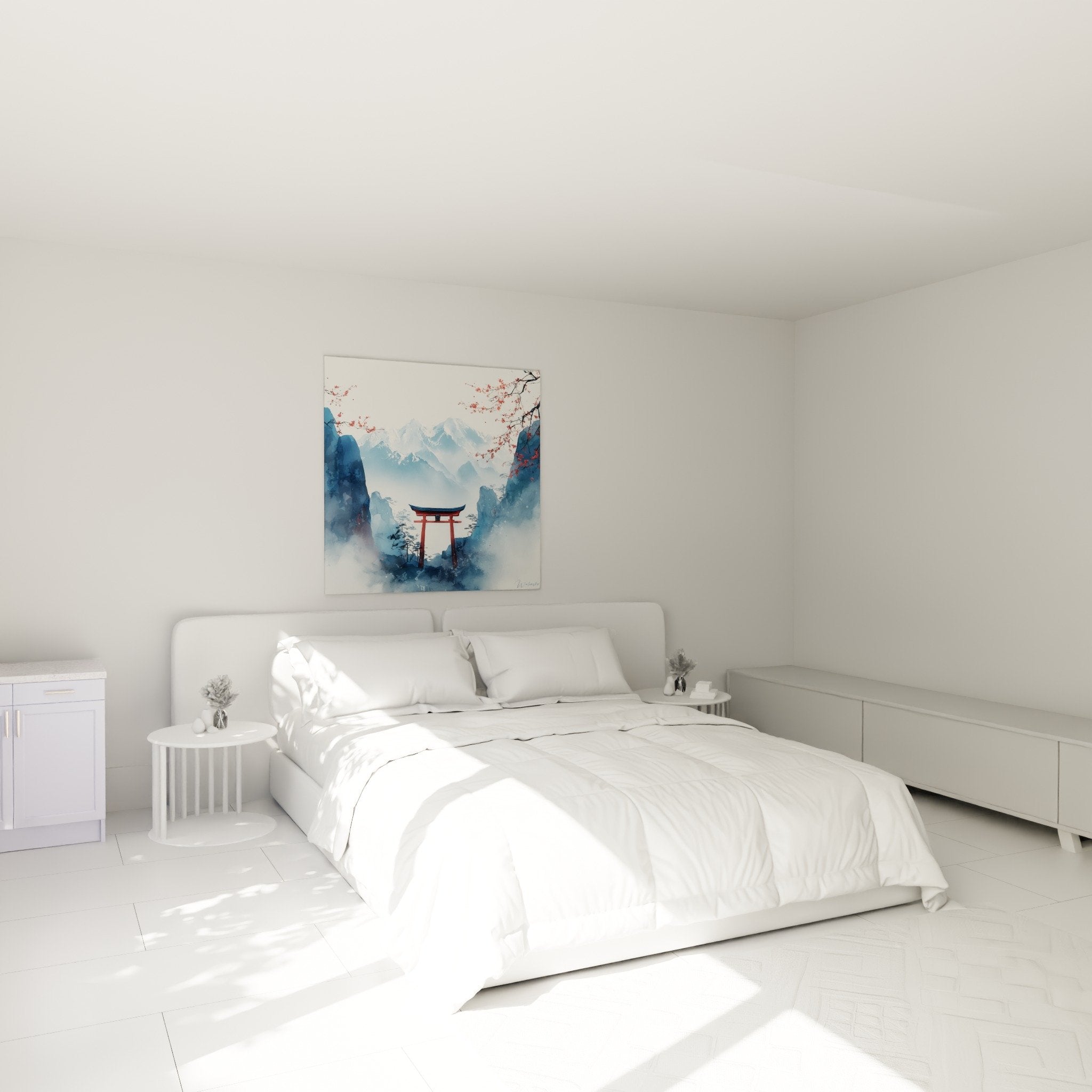 Torii rouge et montagnes bleues au-dessus d'un lit dans chambre moderne zen japonaise