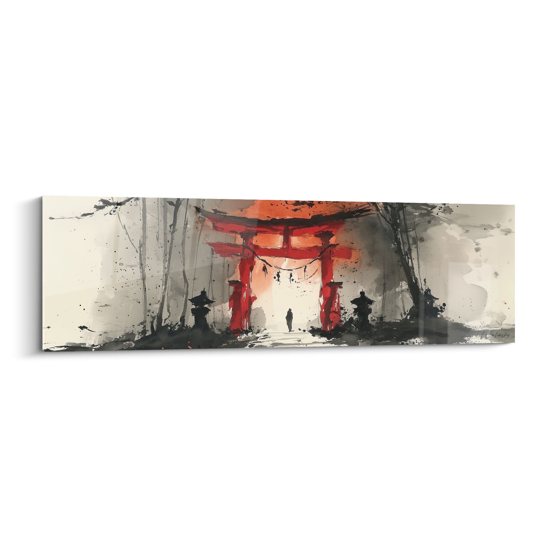 Torii rouge vermillon dans brume dorée, style aquarelle japonaise, ambiance mystique et zen pour décoration murale
