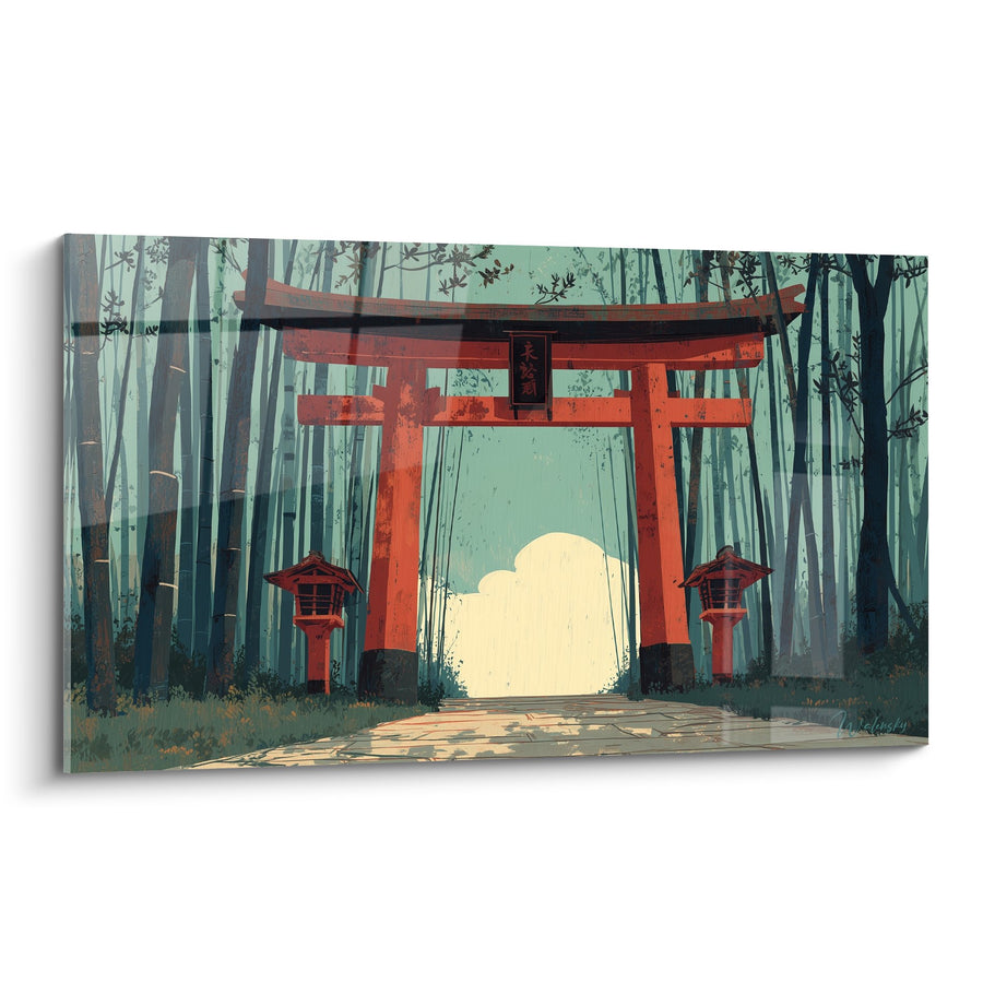 Tableau torii rouge écarlate dans bambouseraie brumeuse - Sanctuaire mystique - Edition torii