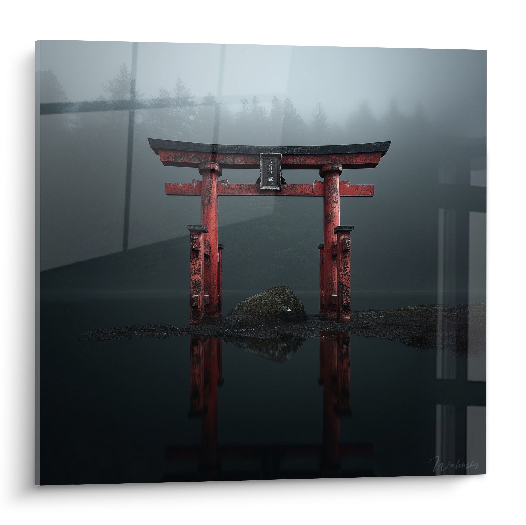 Traditional red Japanese torii gate emerging from mist by the water's edge with perfect reflections mystical atmosphere