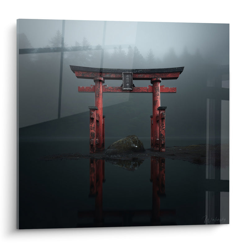 Red Torii in Mist at the Water's Edge with Reflections - Mystical Serenity - Torii Edition