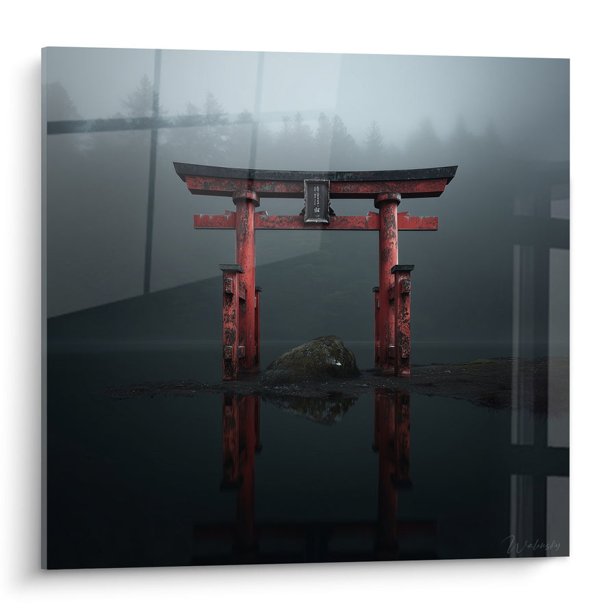 Tableau torii rouge dans la brume au bord de l'eau avec reflets - Sérénité mystique - Edition torii
