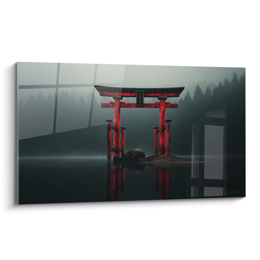 Rode Torii Poort in Ochtendmist aan de Kant van het Meer - Japanse Sereneit - Editie torii