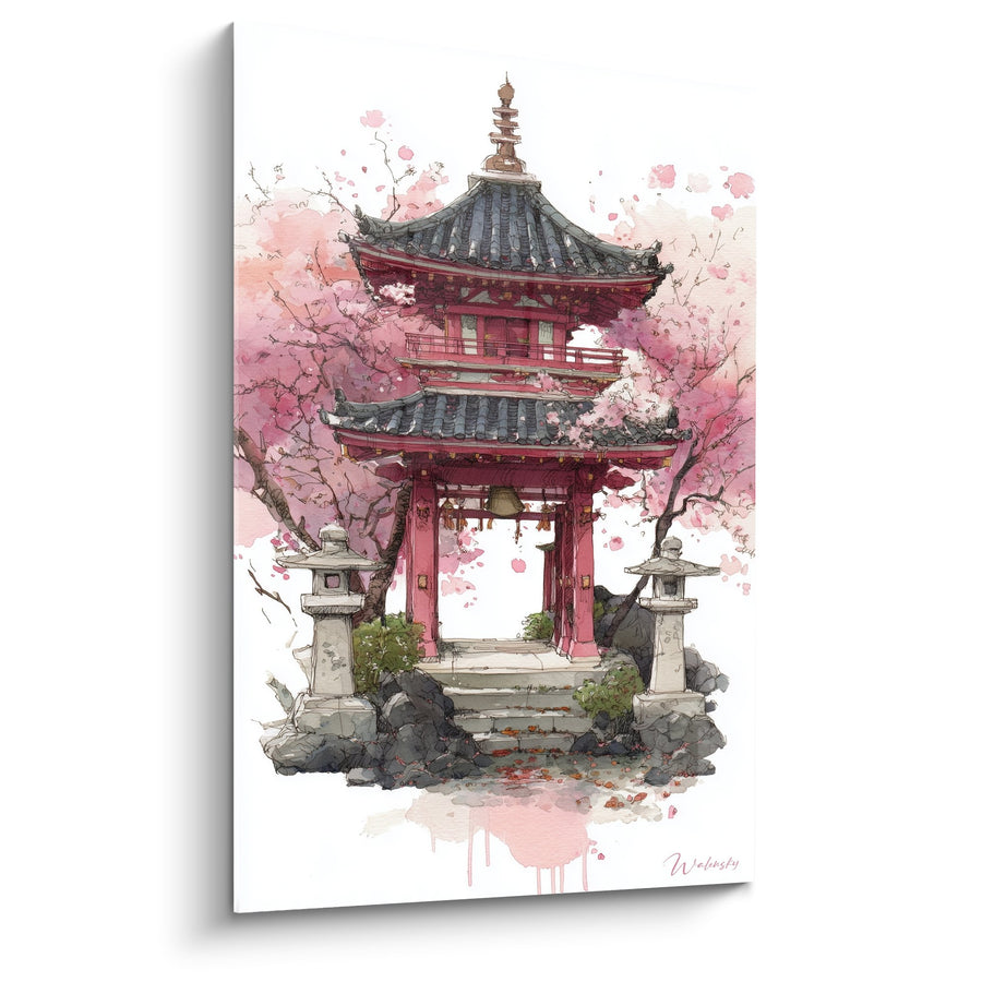 Tableau torii rouge et pagode sous cerisiers roses en aquarelle - Sanctuaire fleuri - Edition torii