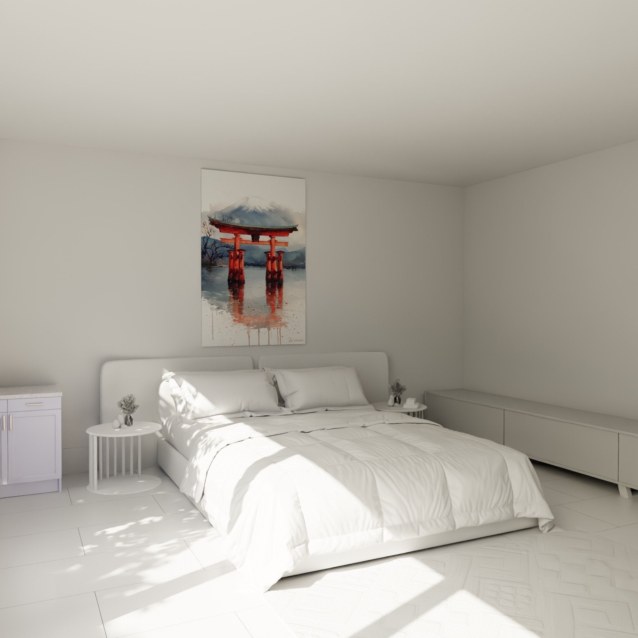 Red watercolor torii gate in zen bedroom, serene Japanese atmosphere with mist and Mount Fuji in the background