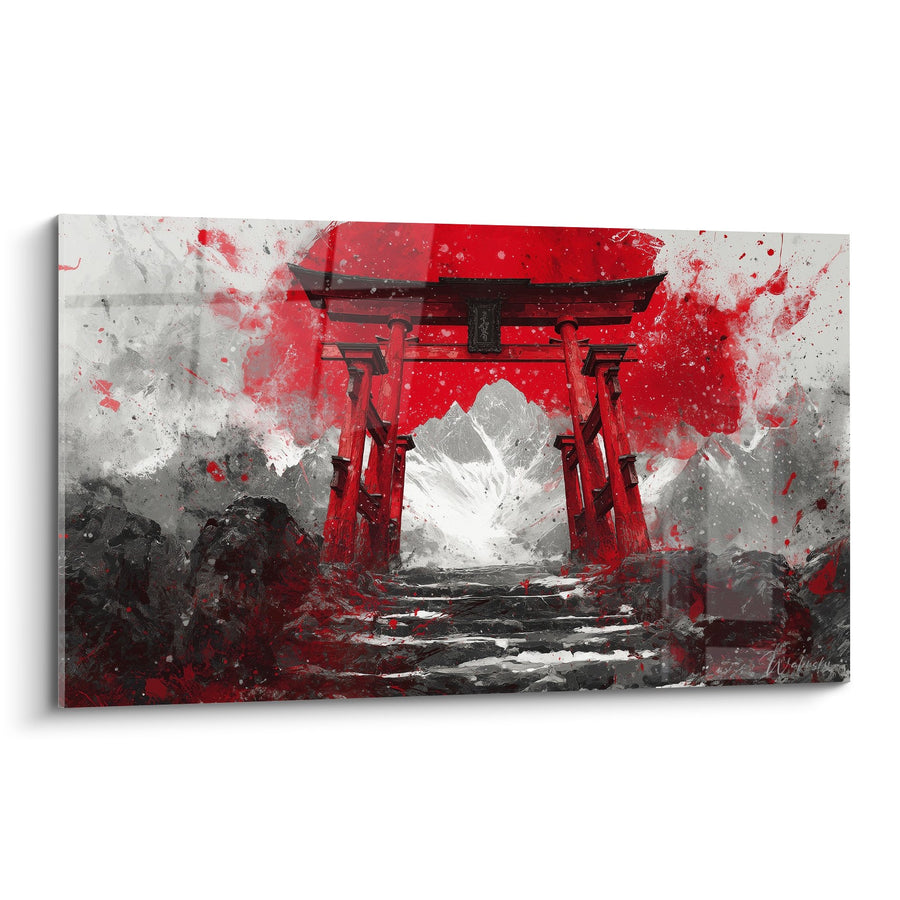 Tableau torii rouge écarlate sur fond gris avec éclaboussures artistiques - Porte sacrée - Edition torii