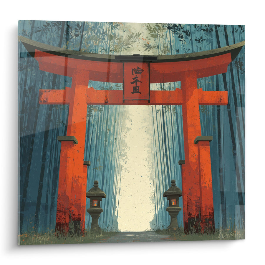 Tableau portique rouge vermillon dans forêt de bambous bleus avec lanternes traditionnelles - Sanctuaire Mystique - Edition torii