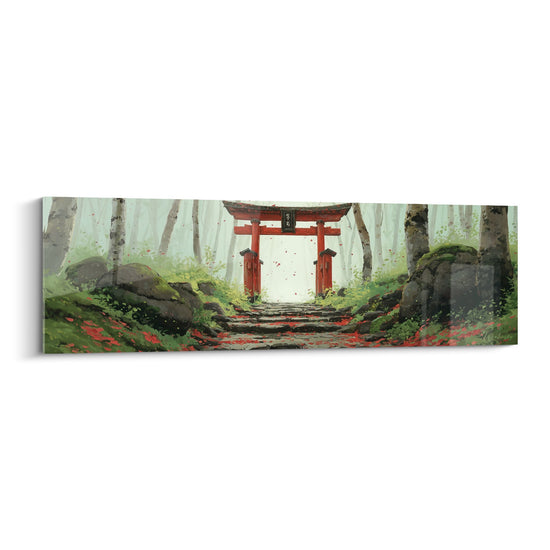 Cuadro de torii rojo en bosque místico con tonos verdes y brumosos - Santuario forestal - Edición torii