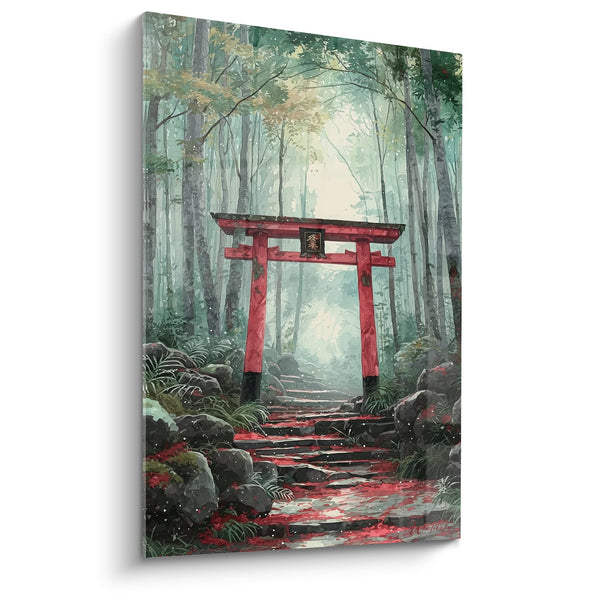Rode Torii Poort in Mystiek Bos met Groen- en Goudtinten - Bosheiligdom - Editie Torii