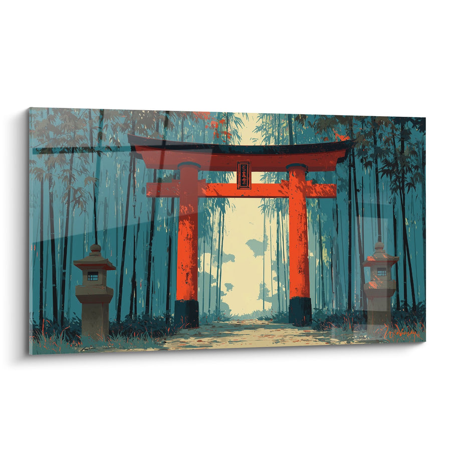 Tableau torii rouge vermillon dans forêt brumeuse aux tons turquoise - Portail mystique - Edition torii