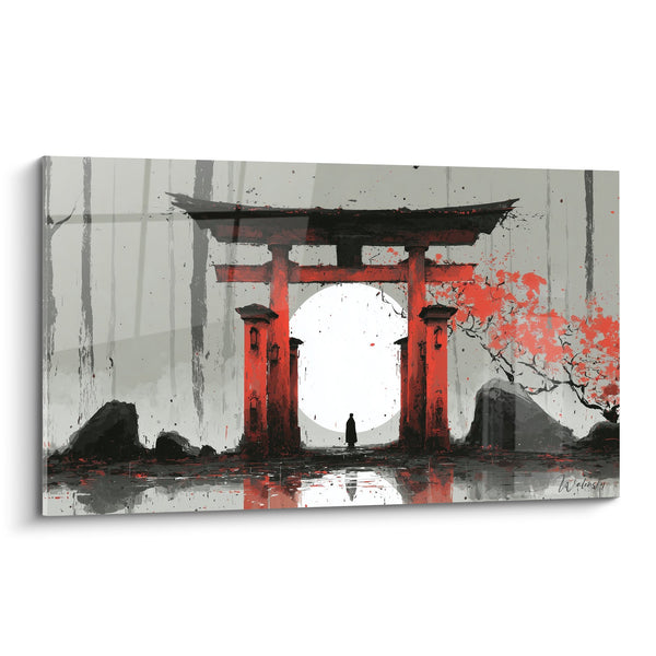 Tableau torii rouge vermillon sur fond gris avec lune blanche et cerisier en fleurs - Sérénité japonaise - Edition torii