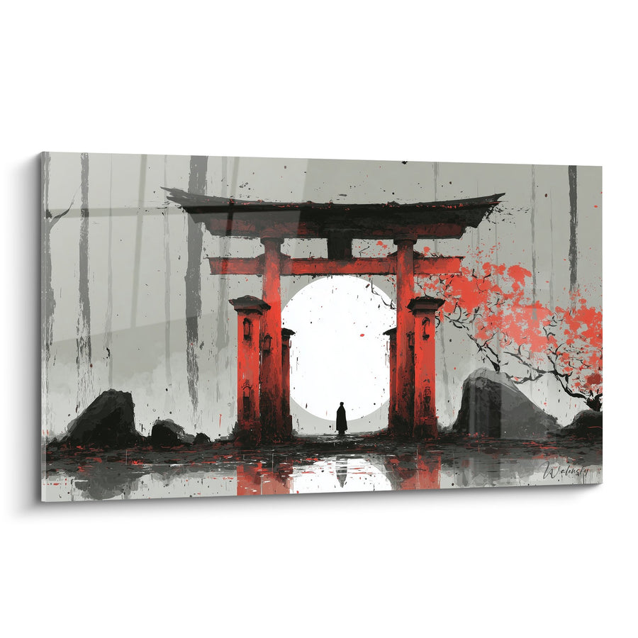 Tableau torii rouge vermillon sur fond gris avec lune blanche et cerisier en fleurs - Sérénité japonaise - Edition torii