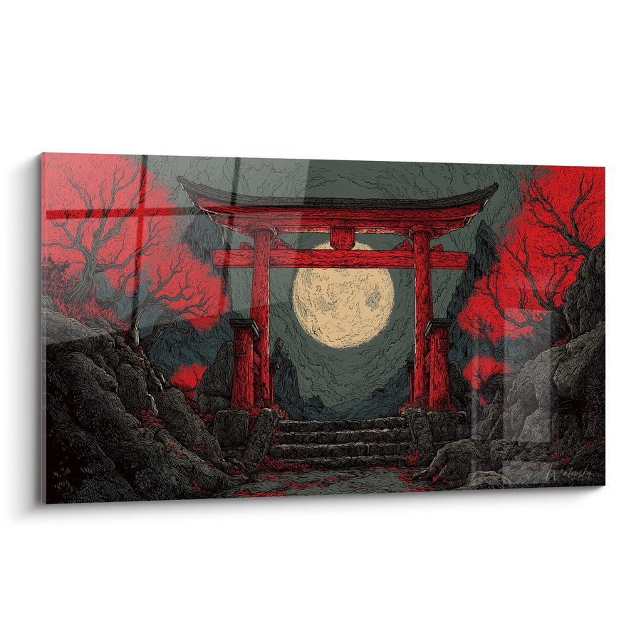 Rode Torii Poort Onder Gouden Maan in Mystiek Nachtlandschap - Lunar Sanctuary - Torii Editie