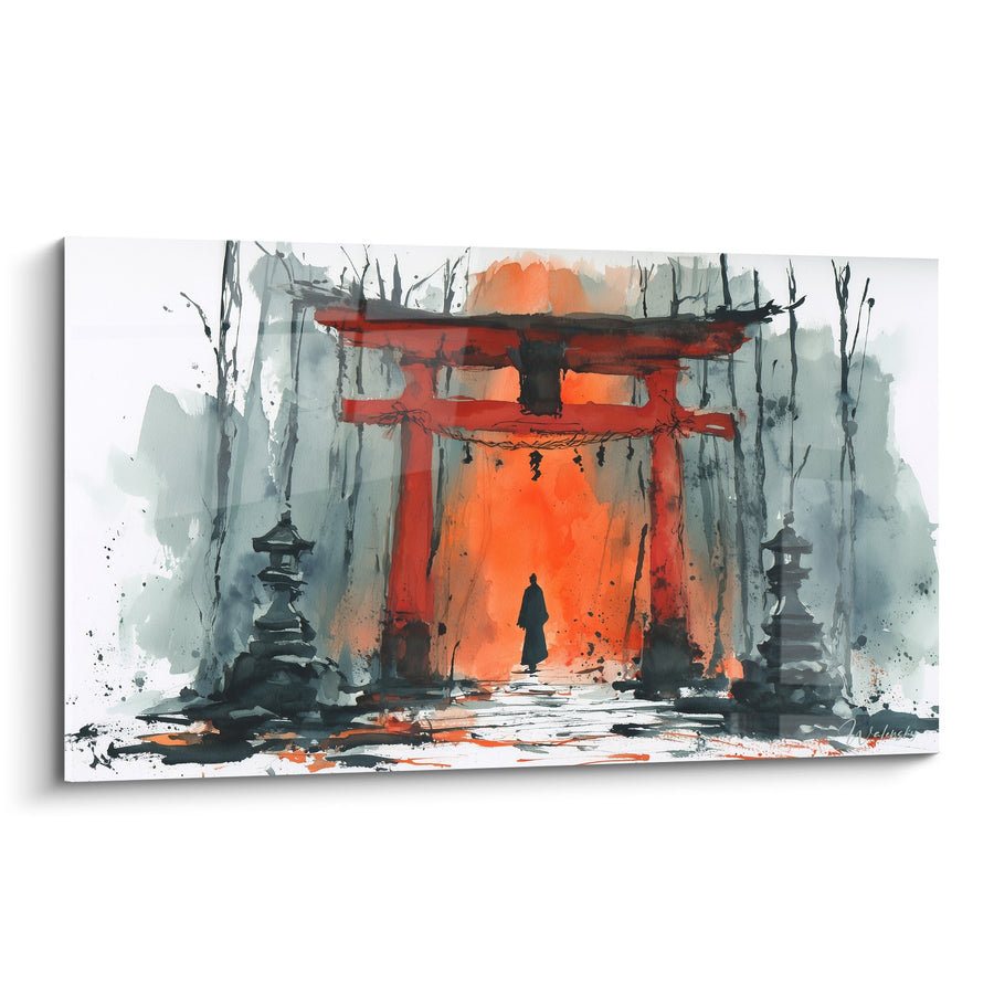 Rode Torii Poort Mystiek in Mistige Bos Aquarel Stijl - Japanse Schrijn - Editie Torii